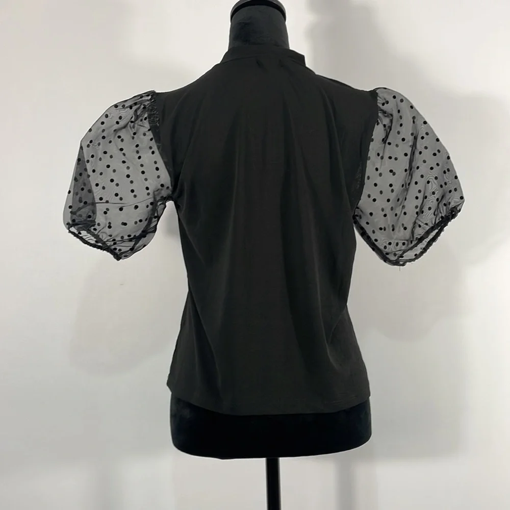 Black embellished Sheer polka dot short sleeves Top, Size Small - Picture 4 of 8